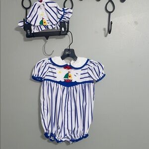 Blue and White Striped Baby Romper with Sailboat Design & HAT VINTAGE 18 months